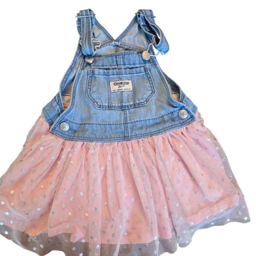 OshKosh‎ Bgosh Baby Girls Pink Tulle Glitter Polka Dot Denim Overall Dress 18M